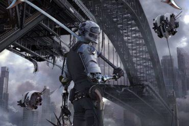 Megadeth Dystopia Album Cover mit Roboter und Brücke.