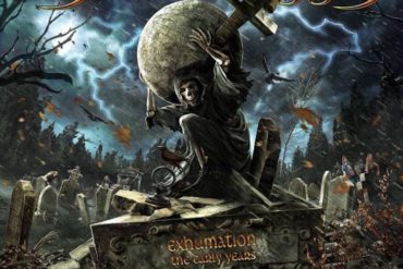 Albumcover von Grave Digger mit Skelett und Sensen im Friedhof.