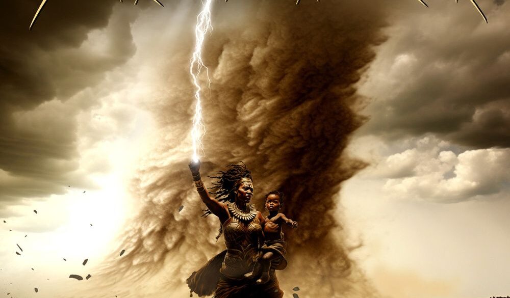 Weibliche Kriegerin mit Kind auf dem Arm hebt ihre Rechte Faust, aus der ein Blitz schießt, im Hintergrund ein Tornado, der die Wüste aufwirbelt.