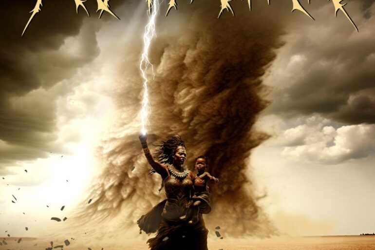 Weibliche Kriegerin mit Kind auf dem Arm hebt ihre Rechte Faust, aus der ein Blitz schießt, im Hintergrund ein Tornado, der die Wüste aufwirbelt.