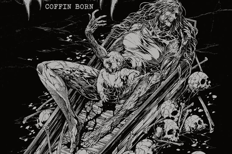 Schwarzes Metal-Cover mit Skeletten und verstorbenem Musiker.