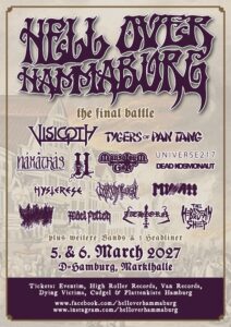 Festivalposter für Hell Over Hammaburg 2027 mit Bands und Datum.