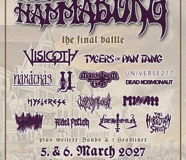 Festivalposter für Hell Over Hammaburg 2027 mit Bands und Datum.