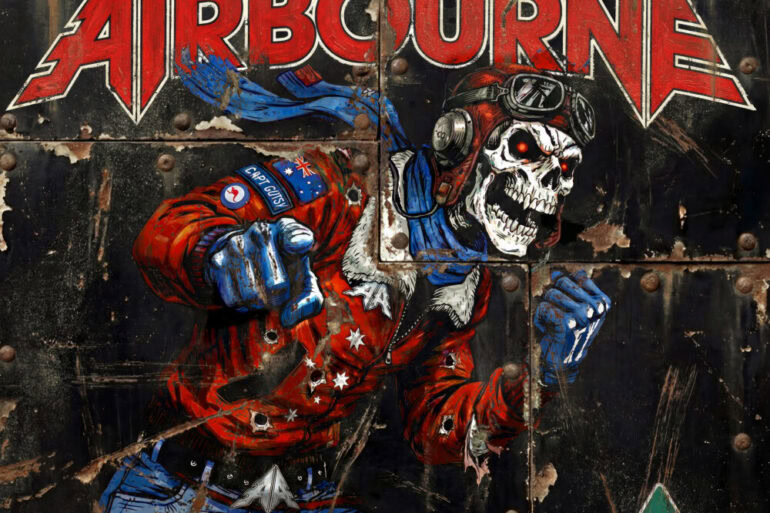 Airbourne Bandlogo und Artwork für Single „Here She Comes“.