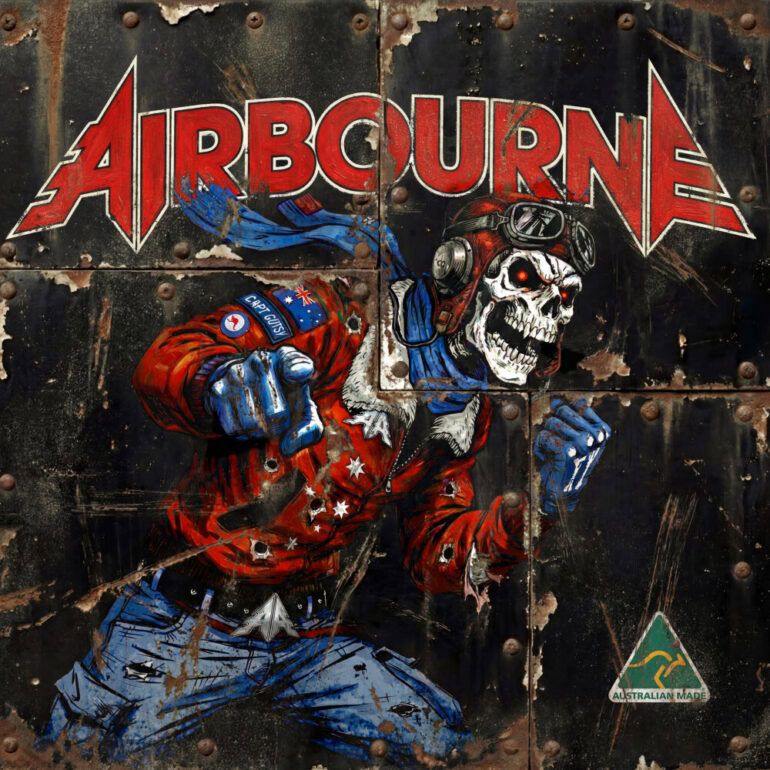 Airbourne Bandlogo und Artwork für Single „Here She Comes“.