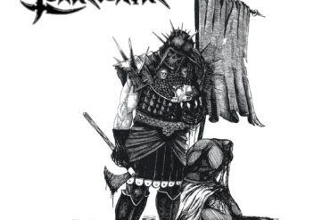 Schwarzes und weißes Metal-Design mit Power Monger Logo und dunklem Artwork.