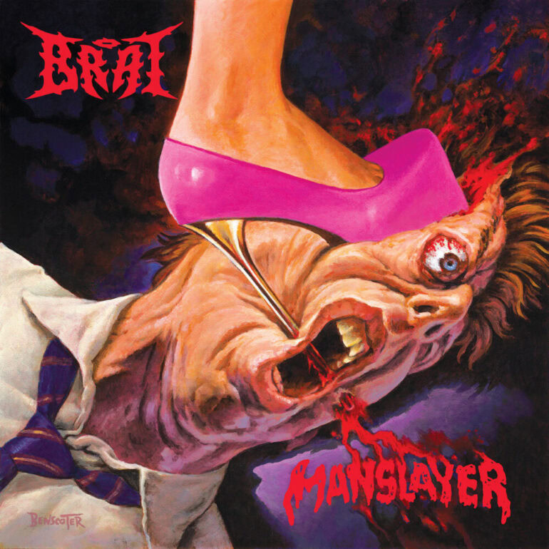 Metal Album Cover mit groteskem Monster und Frau in Pink High Heels.